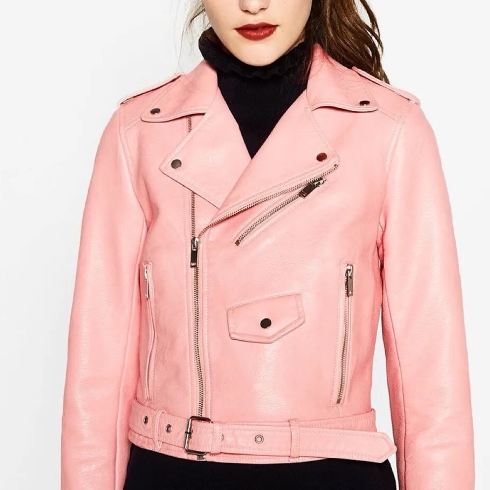 Zara Pink Leather Moto Jacket
